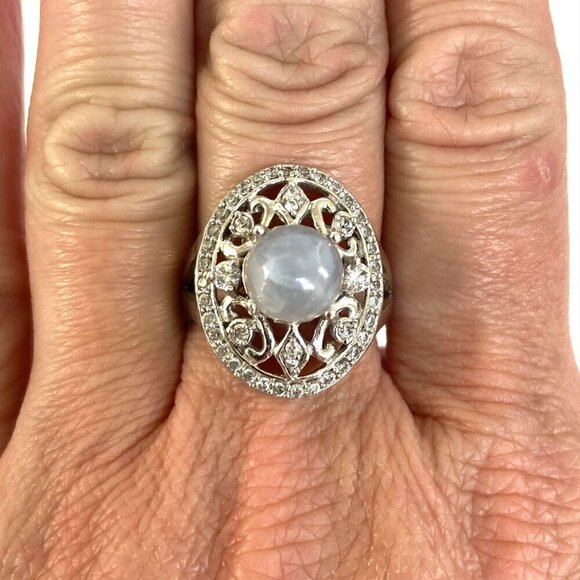 Sterling Silver 925 CFJ Round Moonstone Cabochon Oval Scrollwork Ring Sz 7.75 - Picture 13 of 16
